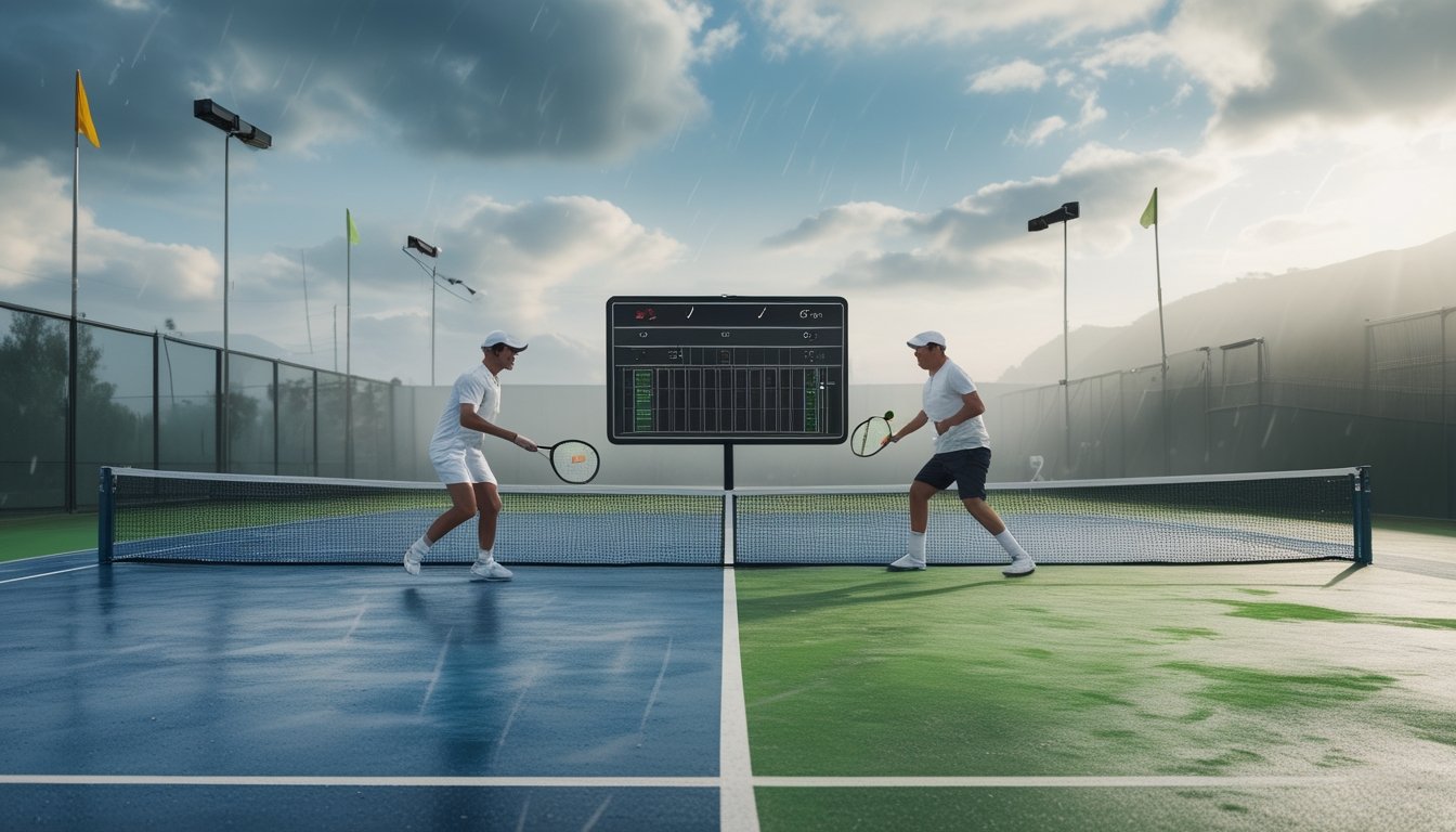 Dua pemain tenis bertanding di lapangan luar ruangan yang sebagian basah saat cuaca mendung dan berangin.