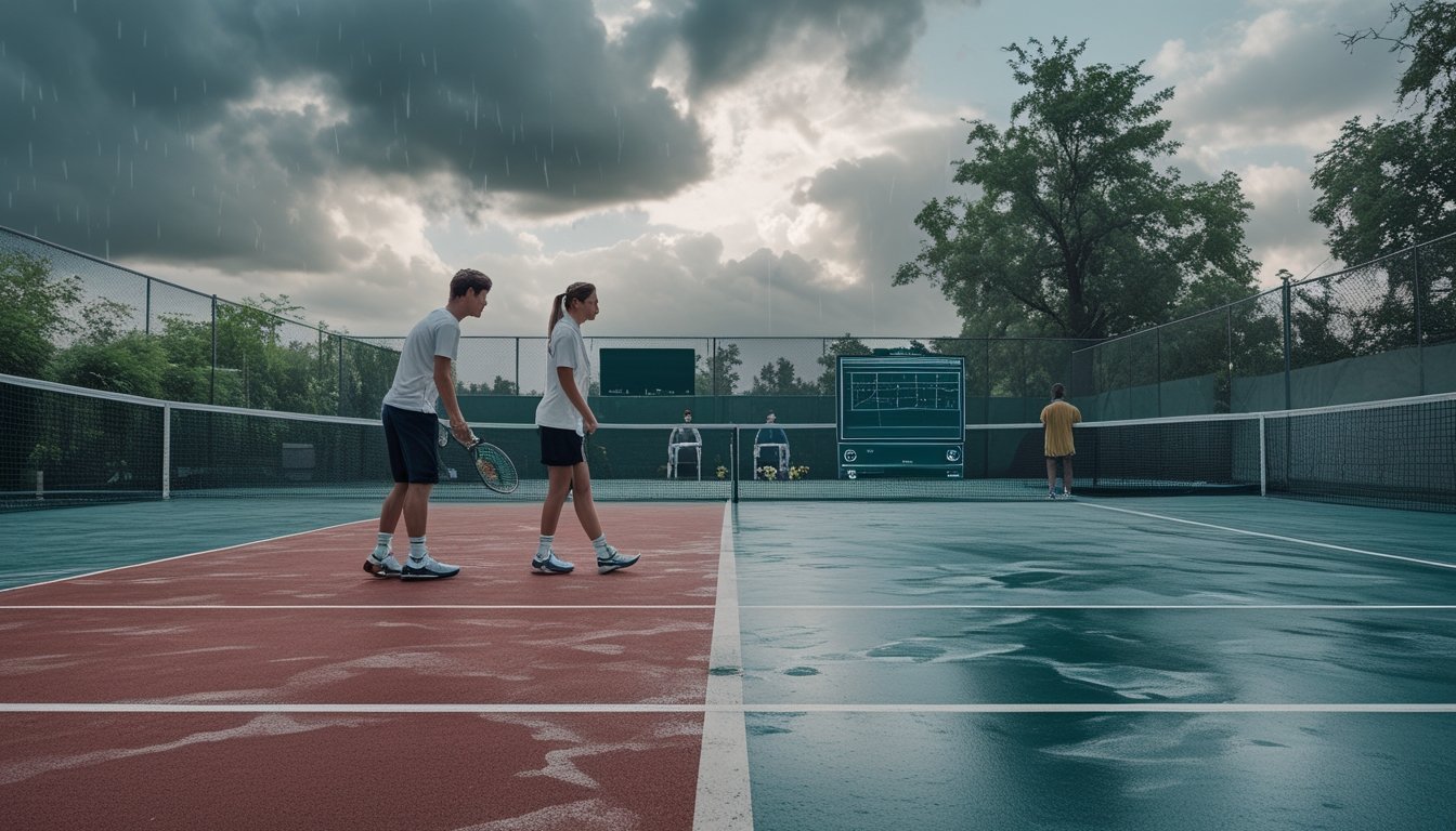 Dua pemain tenis bersiap bertanding di lapangan dengan permukaan kering dan basah saat cuaca berubah.