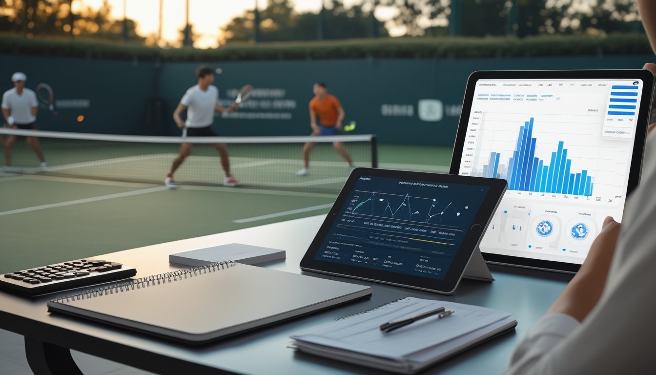 Meja dengan perangkat analisis dan perlengkapan taruhan di depan pertandingan tenis yang sedang berlangsung.