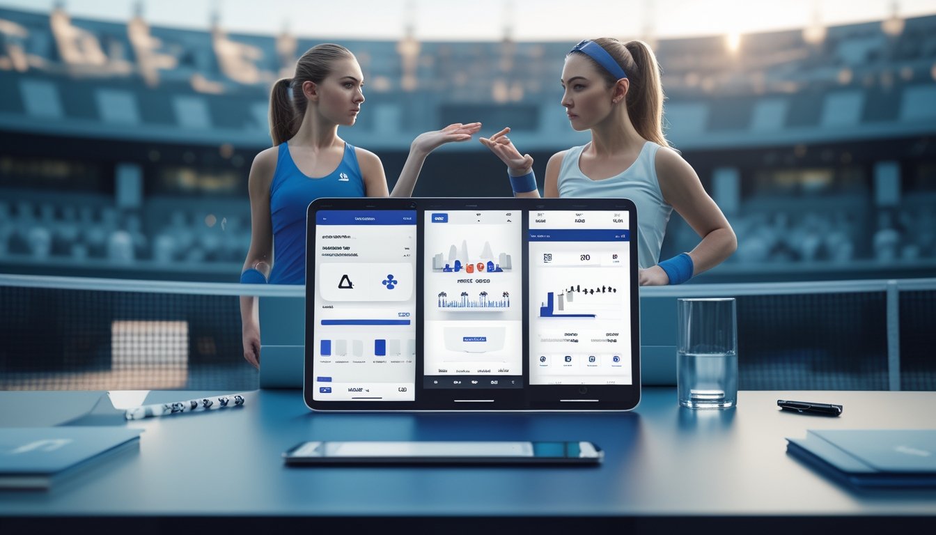 Pemain tenis bertanding di lapangan, dengan perangkat digital yang menampilkan analisis pertandingan secara samar di latar depan.