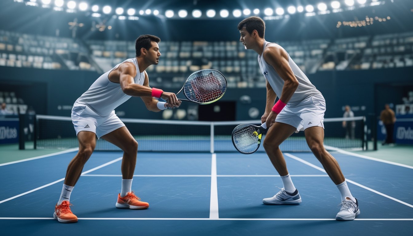 Dua pemain tenis profesional menunjukkan gaya servis kuat dan terkontrol di lapangan pertandingan.