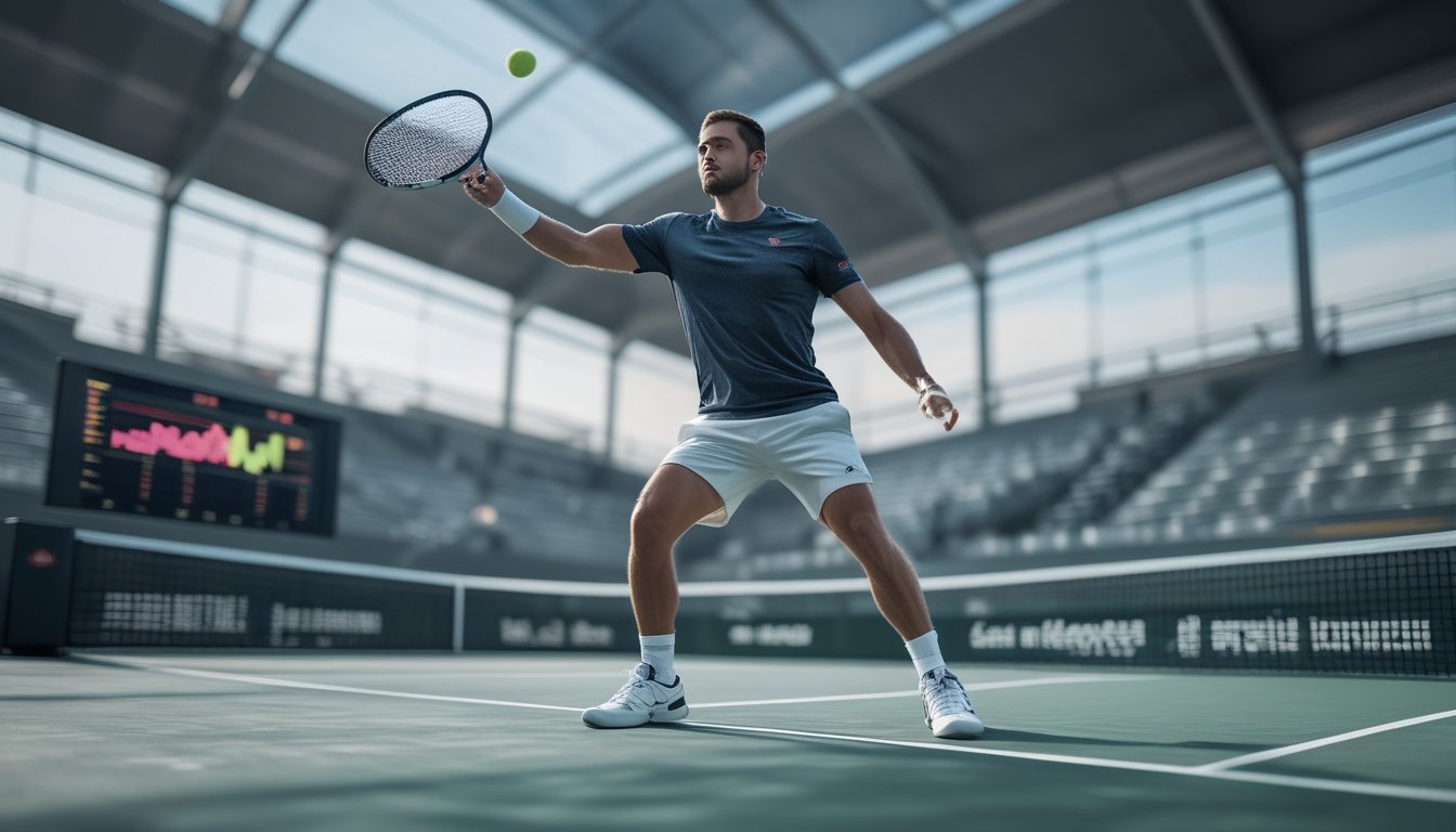 Pemain tenis melakukan servis keras di lapangan dengan suasana analisis pertandingan di latar belakang.