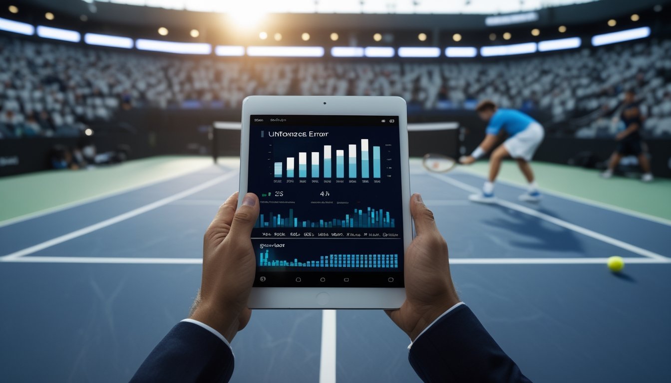 Analis olahraga mengamati statistik pertandingan tenis secara langsung saat seorang pemain melakukan kesalahan sendiri di lapangan.