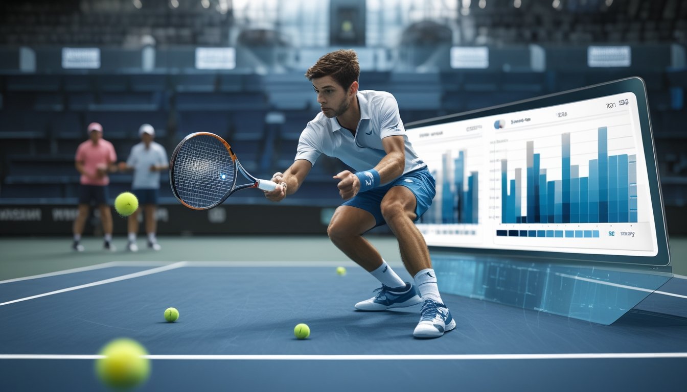 Pemain tenis melakukan kesalahan pukulan sementara analis mengamati data pertandingan dari sisi lapangan.