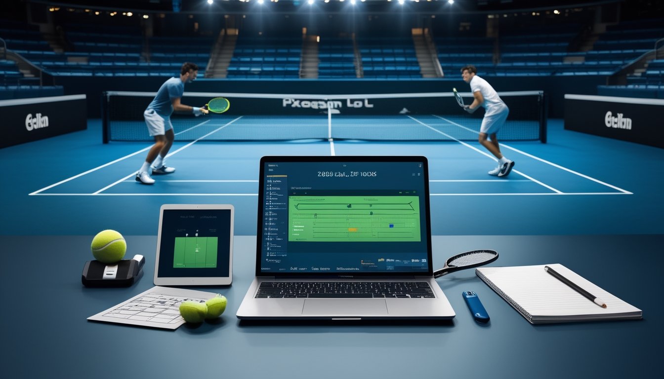 Dua pemain tenis bertanding di lapangan dengan perangkat analisis olahraga di latar depan.