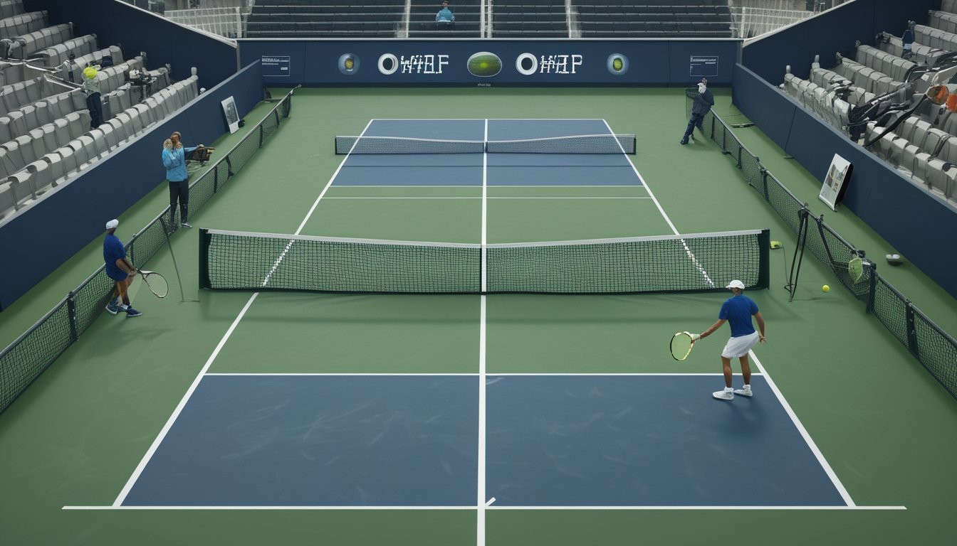 Dua pemain tenis bertanding di lapangan dengan pengamat yang menganalisis pertandingan di latar belakang.