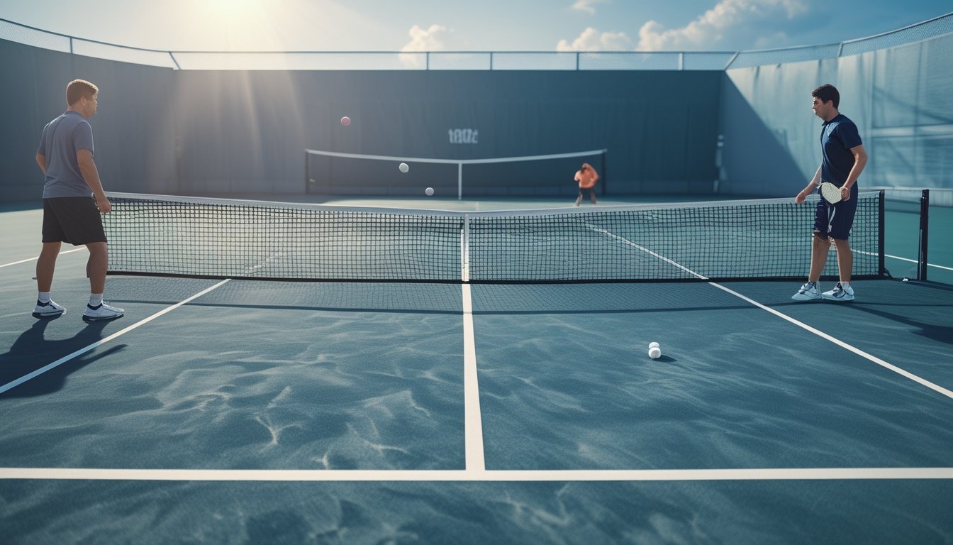 Dua pemain tenis bertanding di lapangan dengan bola terlihat melaju di atas net.