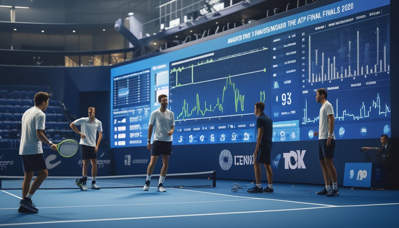 Petenis unggulan bertanding di lapangan indoor, sementara pelatih dan tim menganalisis strategi menuju babak final.