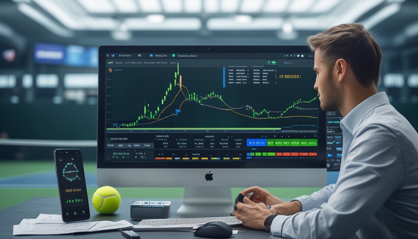 Analis sedang membandingkan data pertandingan tenis di meja kerja dengan latar lapangan tenis.