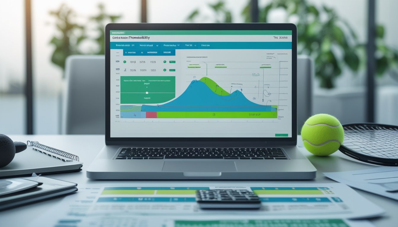 Meja kerja dengan laptop berisi grafik analisis pertandingan tenis, bola tenis, raket, dan kalkulator.