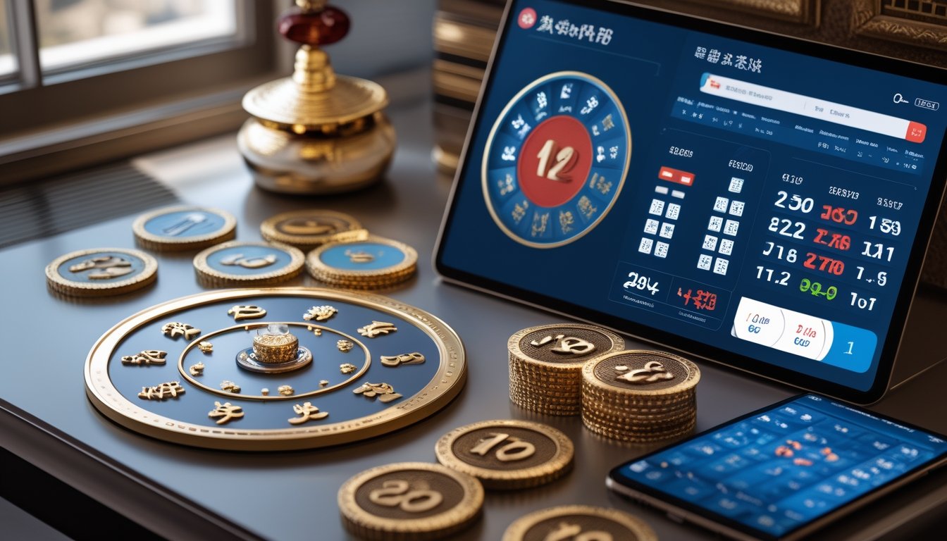 Meja modern dengan roda zodiak, simbol hewan, keping bernomor, dan perangkat digital berisi grafik.
