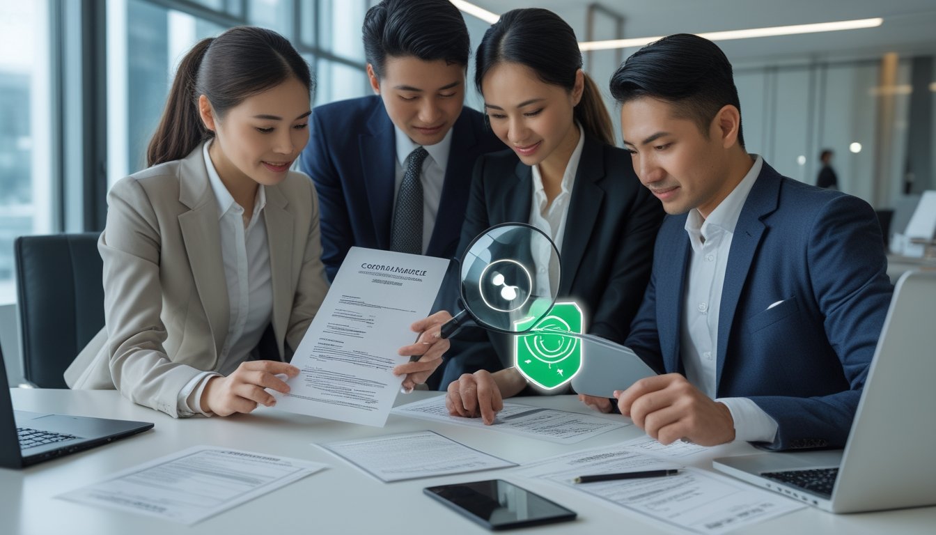Tim profesional memeriksa dokumen legalitas dan keamanan platform digital di kantor modern.