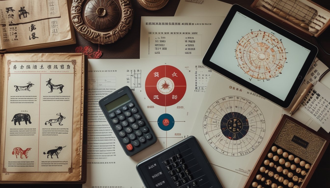 Meja berisi buku sejarah zodiak Tionghoa, roda dua belas shio, catatan perhitungan, kalkulator, dan tablet dengan grafik abstrak.
