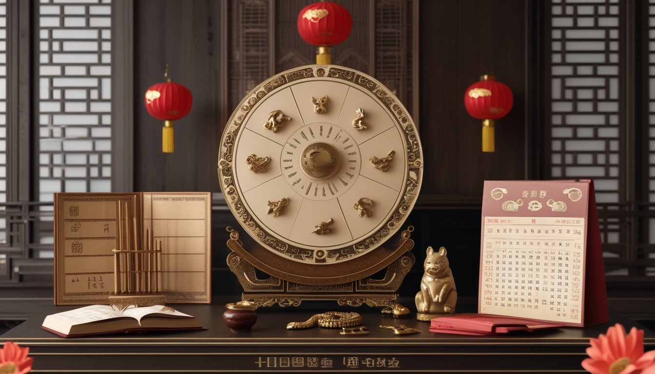 Roda zodiak Tionghoa dengan dua belas simbol hewan, kalender tradisional, sempoa, dan amplop merah di atas meja.