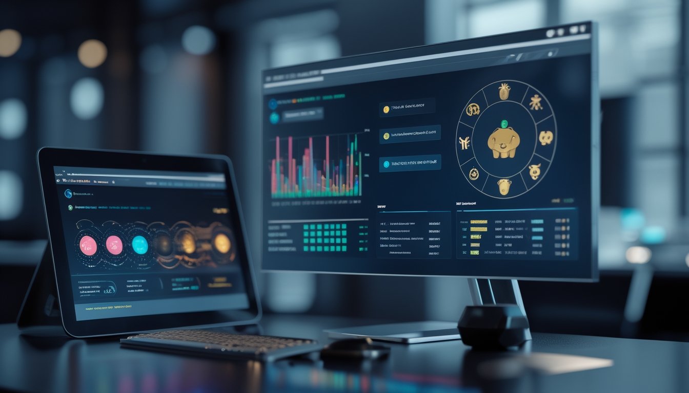 Meja kerja modern dengan monitor dan ponsel yang menampilkan grafik data abstrak serta simbol hewan zodiak.