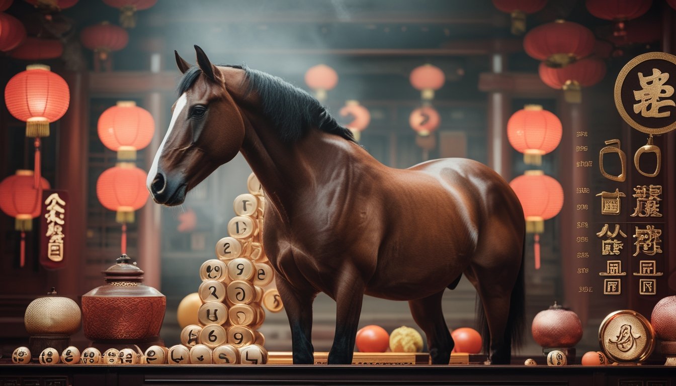 Seekor kuda cokelat dikelilingi ornamen tradisional Imlek, lentera, dan simbol angka.
