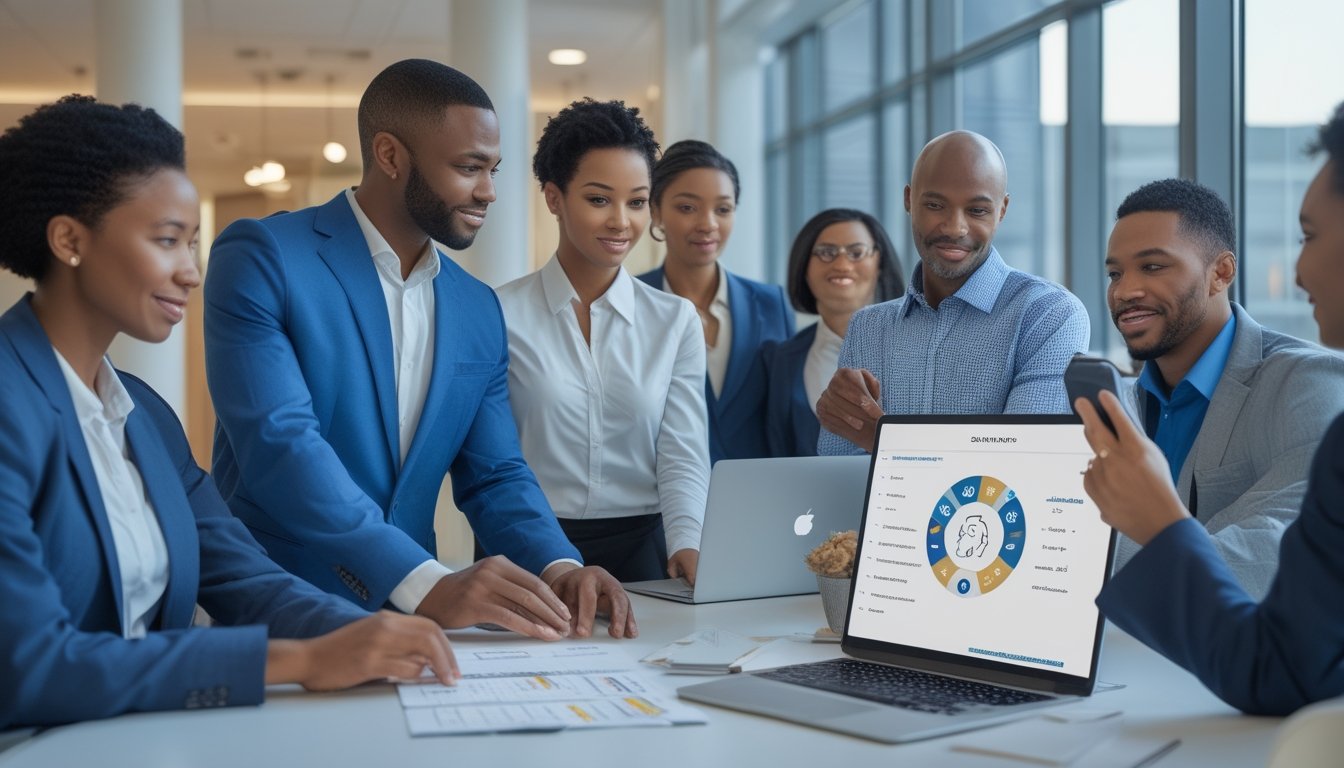 Sekelompok orang dewasa meninjau data digital dan simbol zodiak dalam suasana kantor yang profesional.