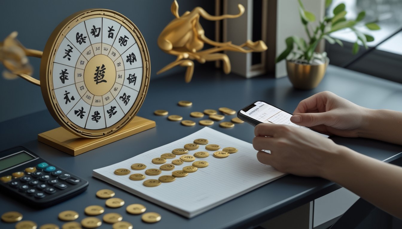 Meja kerja modern dengan roda zodiak, keping bernomor, kalkulator, dan grafik abstrak untuk analisis togel.