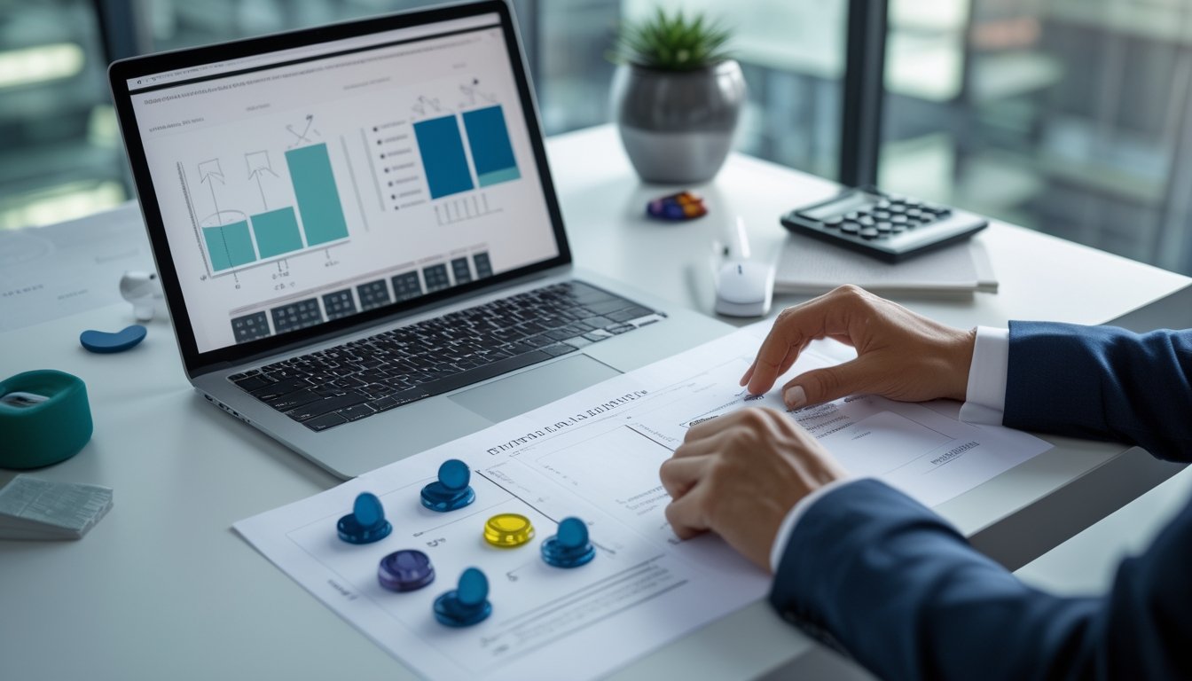 Tangan seorang analis membandingkan dua pilihan taruhan menggunakan grafik abstrak, token berpasangan, dan kalkulator di atas meja.