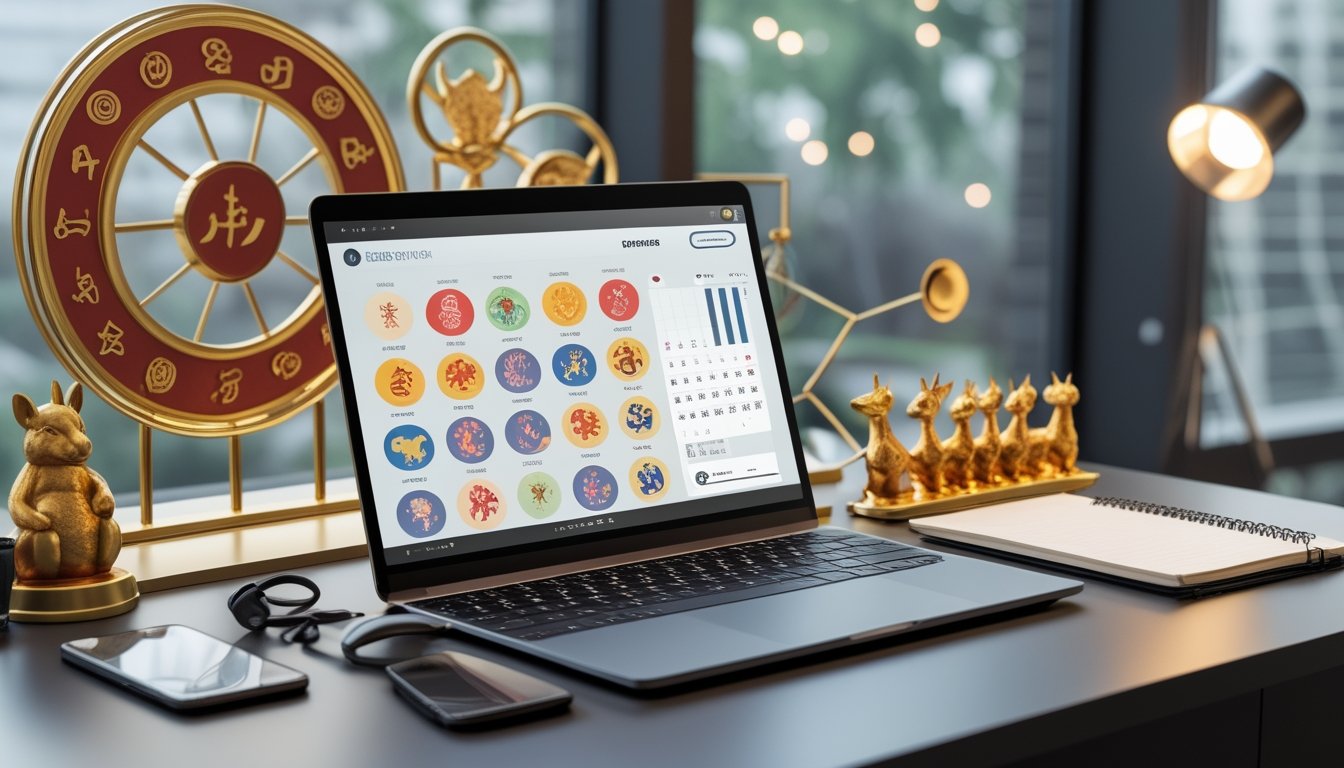 Laptop dan ponsel menampilkan antarmuka abstrak dengan simbol zodiak, grafik, serta dekorasi hewan zodiak di atas meja kerja.