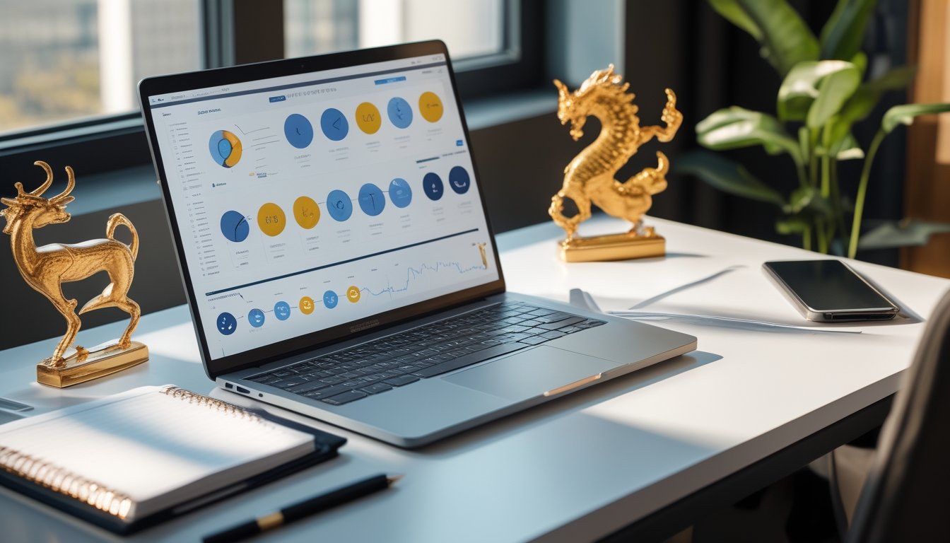 Meja kerja modern dengan laptop, grafik abstrak, dan dekorasi simbol zodiak.