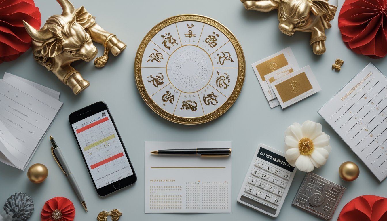 Meja dengan roda zodiak Tionghoa, kalender 2026, pena, kalkulator, dan lembar taruhan yang tidak terbaca.