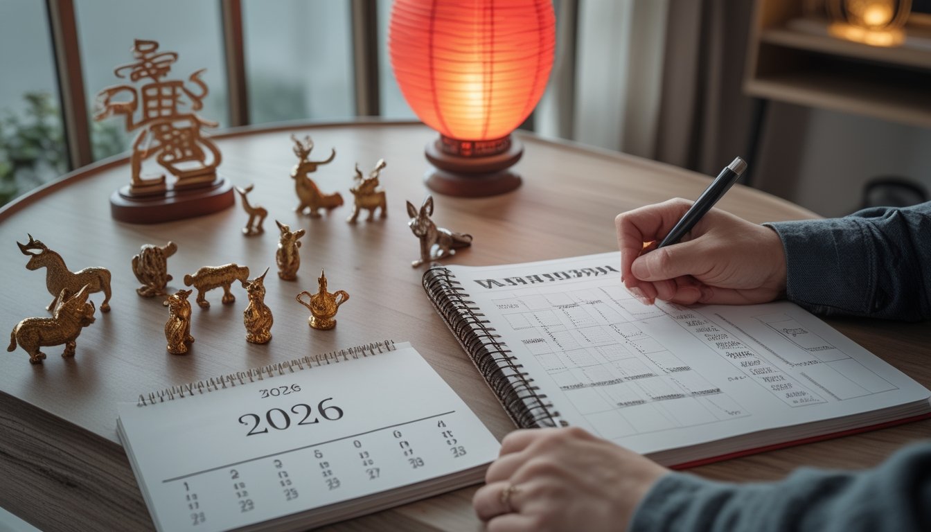 Meja dengan simbol dua belas shio, kalender tahun 2026, dan seseorang yang mempelajari catatan analisis.