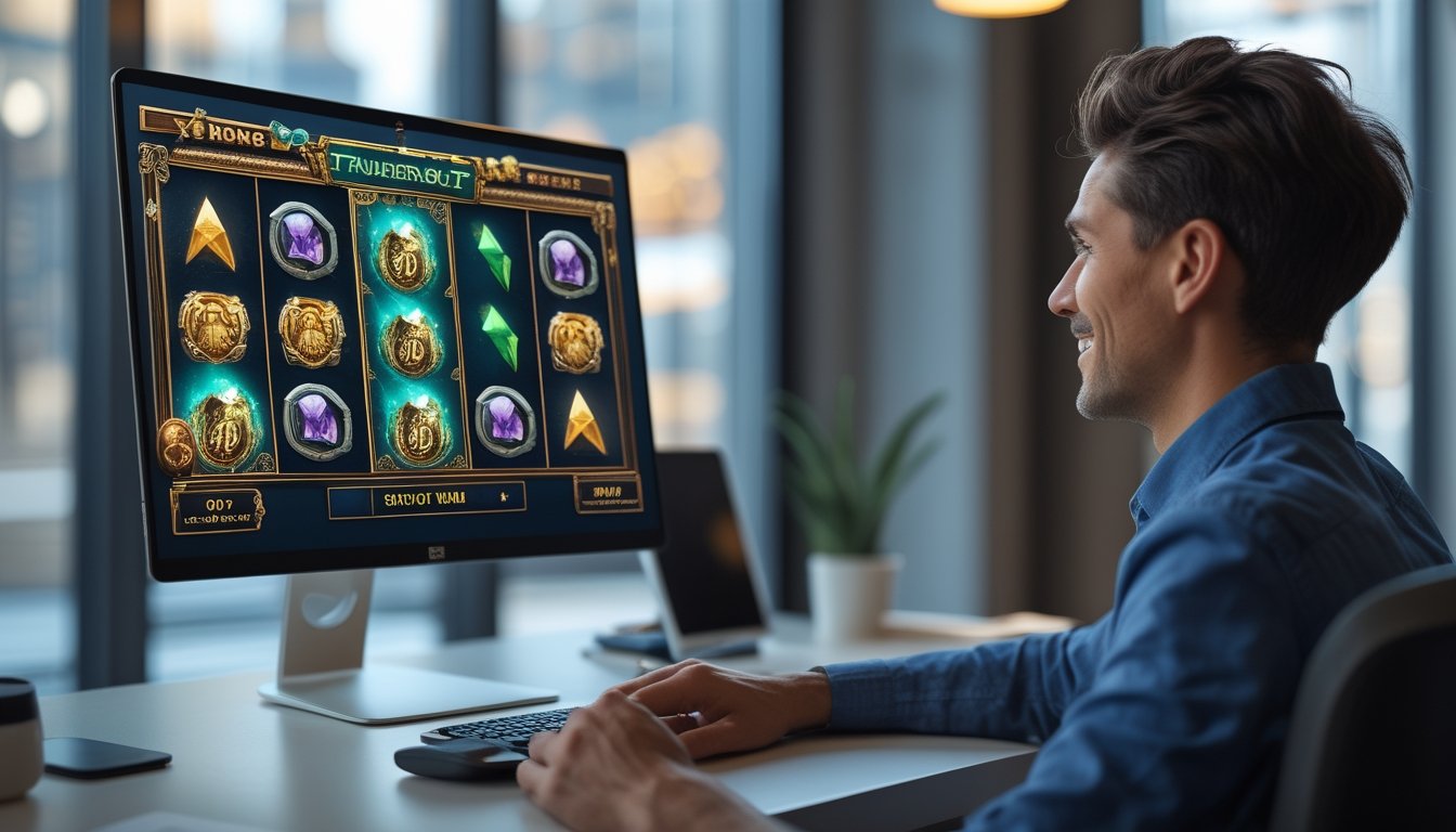 Seorang pemula mempelajari permainan slot bertema petir Norse di depan komputer.