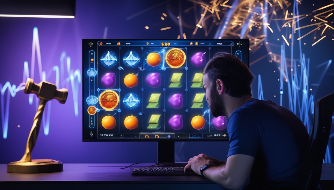 Seorang pemain menganalisis permainan slot bertema petir pada monitor di ruang kerja modern.