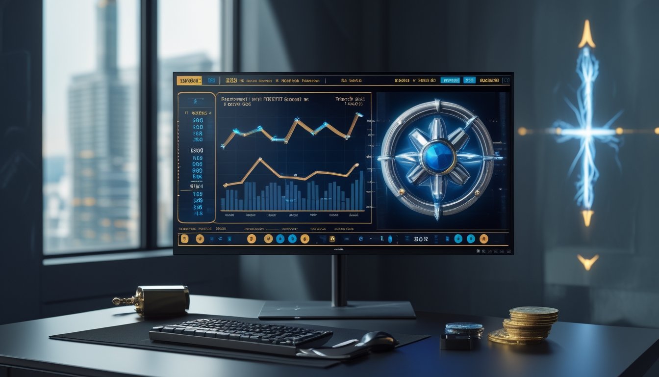Meja kerja modern dengan monitor berisi grafik analisis permainan slot dan palu logam bercahaya petir biru.