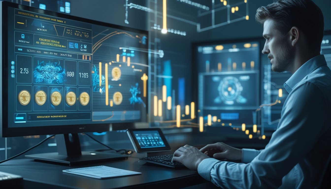Analis sedang mengamati layar berisi grafik dan elemen permainan bertema petir di meja kerja modern.
