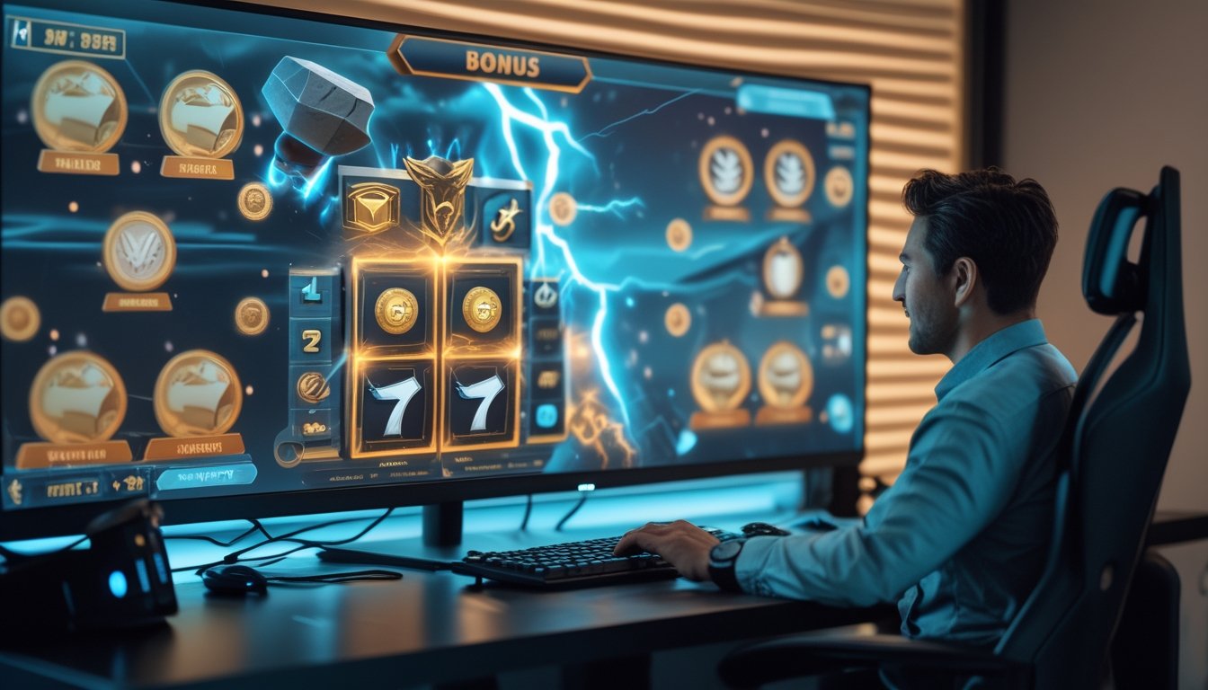 Pemain melihat layar permainan bertema petir dengan gulungan bercahaya dan efek bonus berkilau.