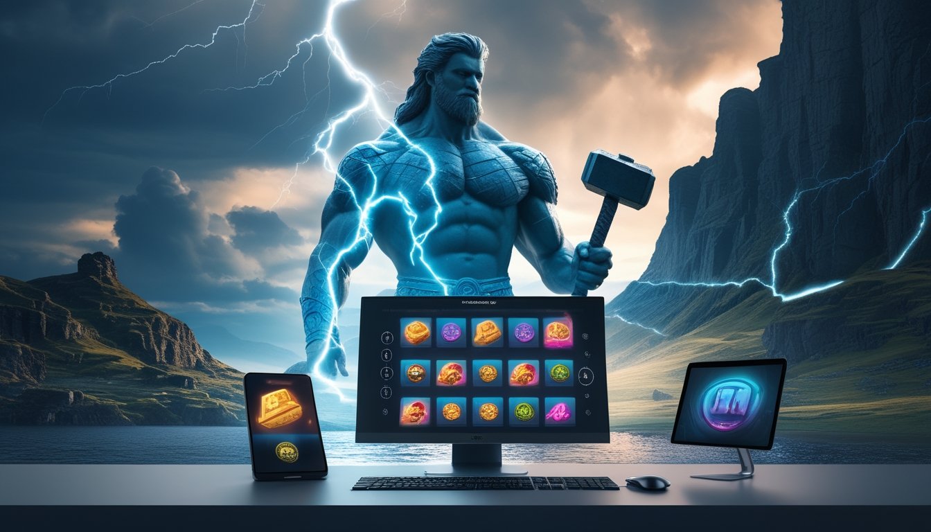 Monitor dan ponsel menampilkan permainan slot bertema dewa petir di tengah lanskap Norse yang dramatis.