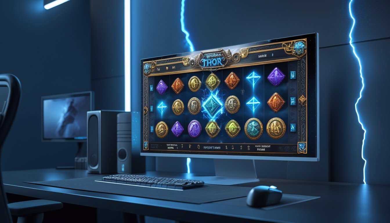 Layar komputer menampilkan permainan slot bertema mitologi Nordik dengan petir biru dan simbol palu bercahaya.