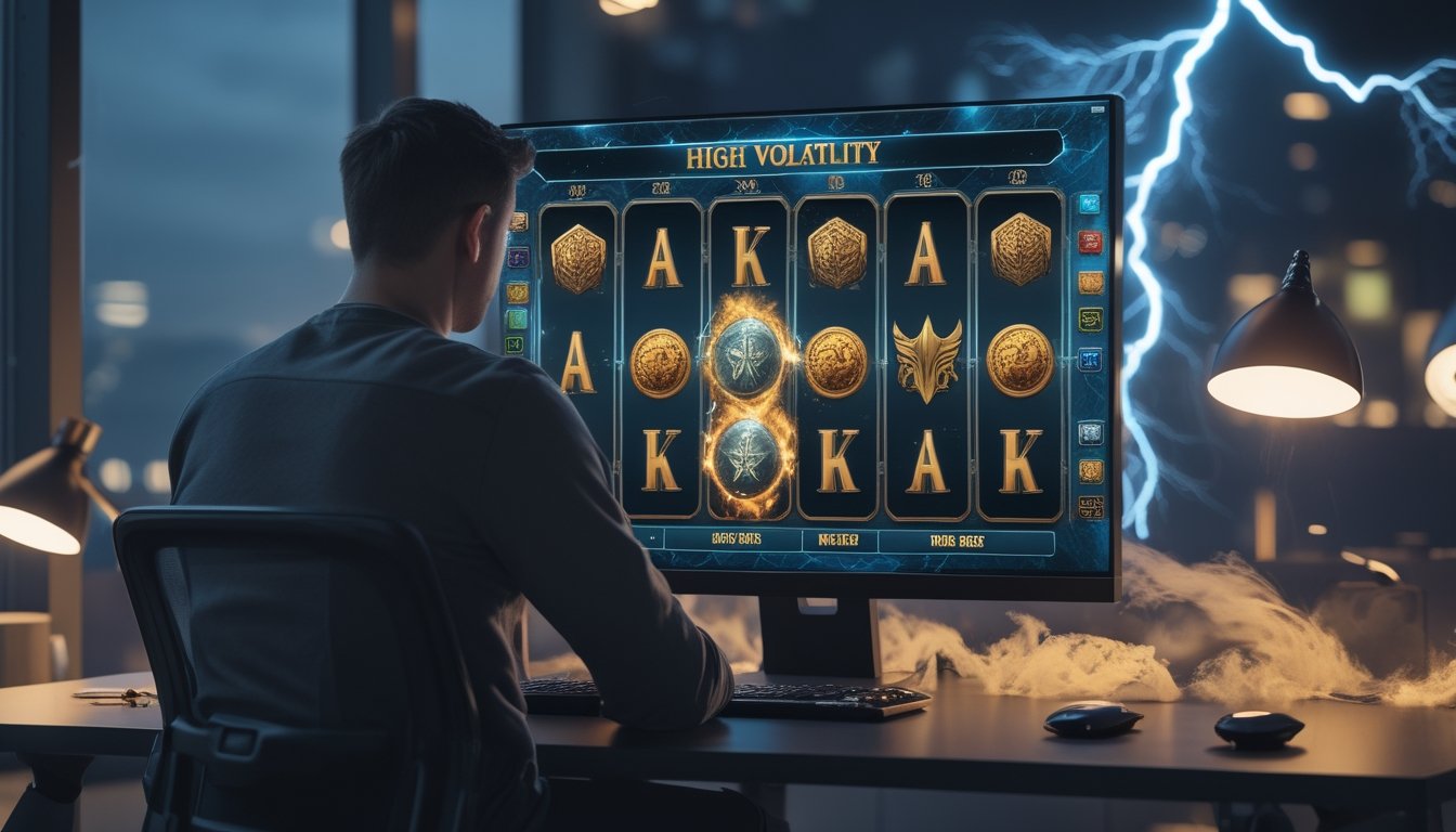 Pemain melihat layar permainan slot abstrak dengan efek petir biru, cahaya emas, dan pola kemenangan yang tidak menentu.