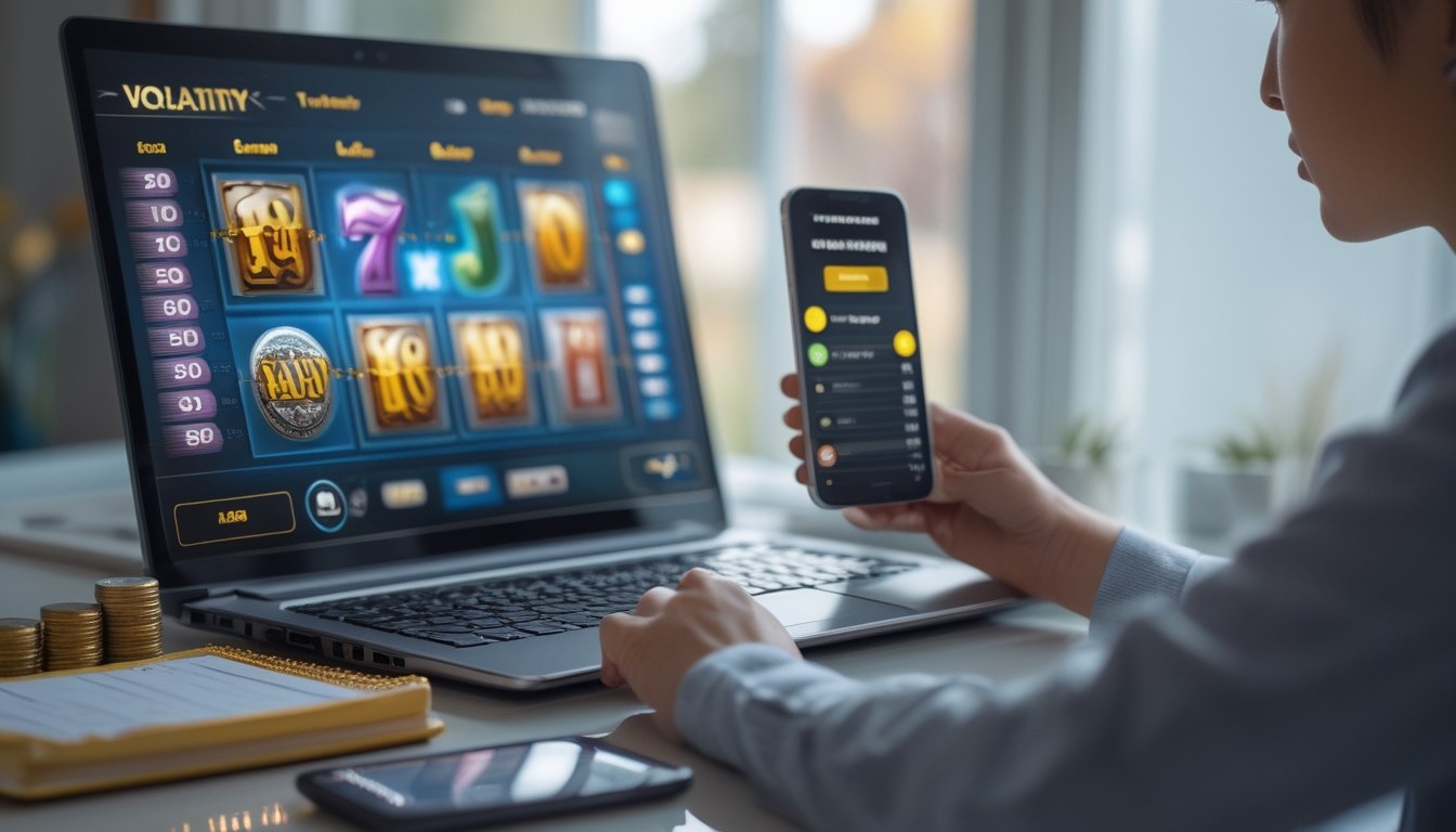 Seorang pemain menganalisis permainan slot di laptop sambil mengatur koin, kalkulator, dan catatan anggaran kecil di meja.