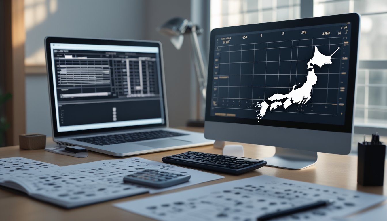 Meja kerja modern dengan laptop, lembar data, kalkulator, dan peta Jepang.
