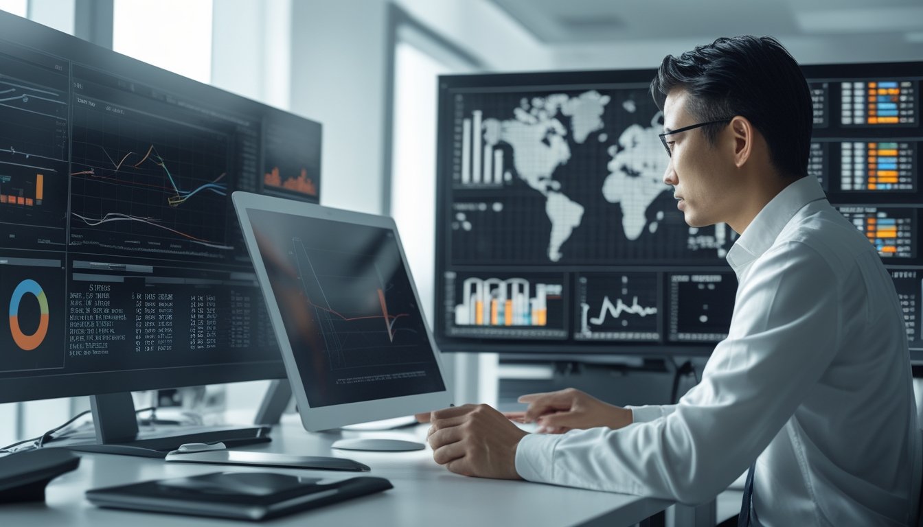 Analis data memeriksa grafik statistik dan pola probabilitas di ruang kerja modern dengan peta Jepang di latar belakang.