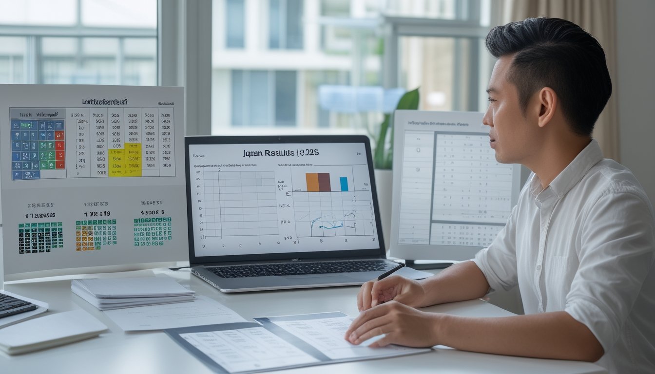 Seorang pemula menganalisis grafik probabilitas dan data angka di meja kerja dengan laptop, kalkulator, dan catatan.