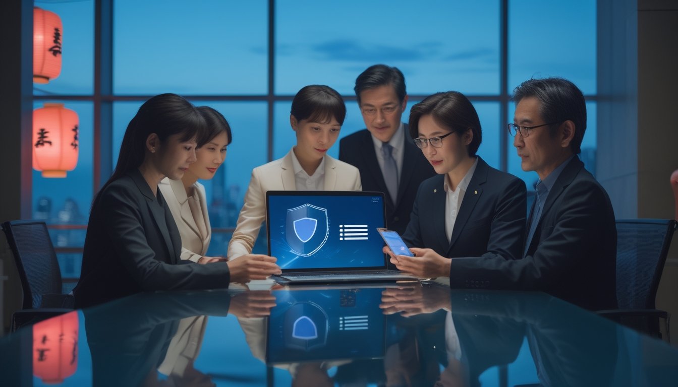 Sekelompok profesional dewasa meninjau platform digital di kantor modern dengan latar suasana kota Tokyo.