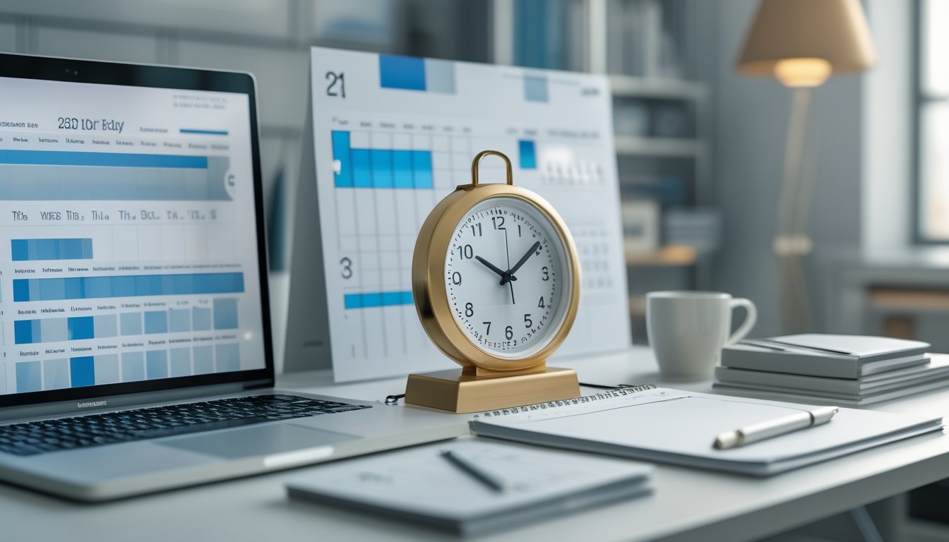 Meja kerja dengan kalender, jam, dan laptop yang menggambarkan pengaturan jadwal pengundian harian.