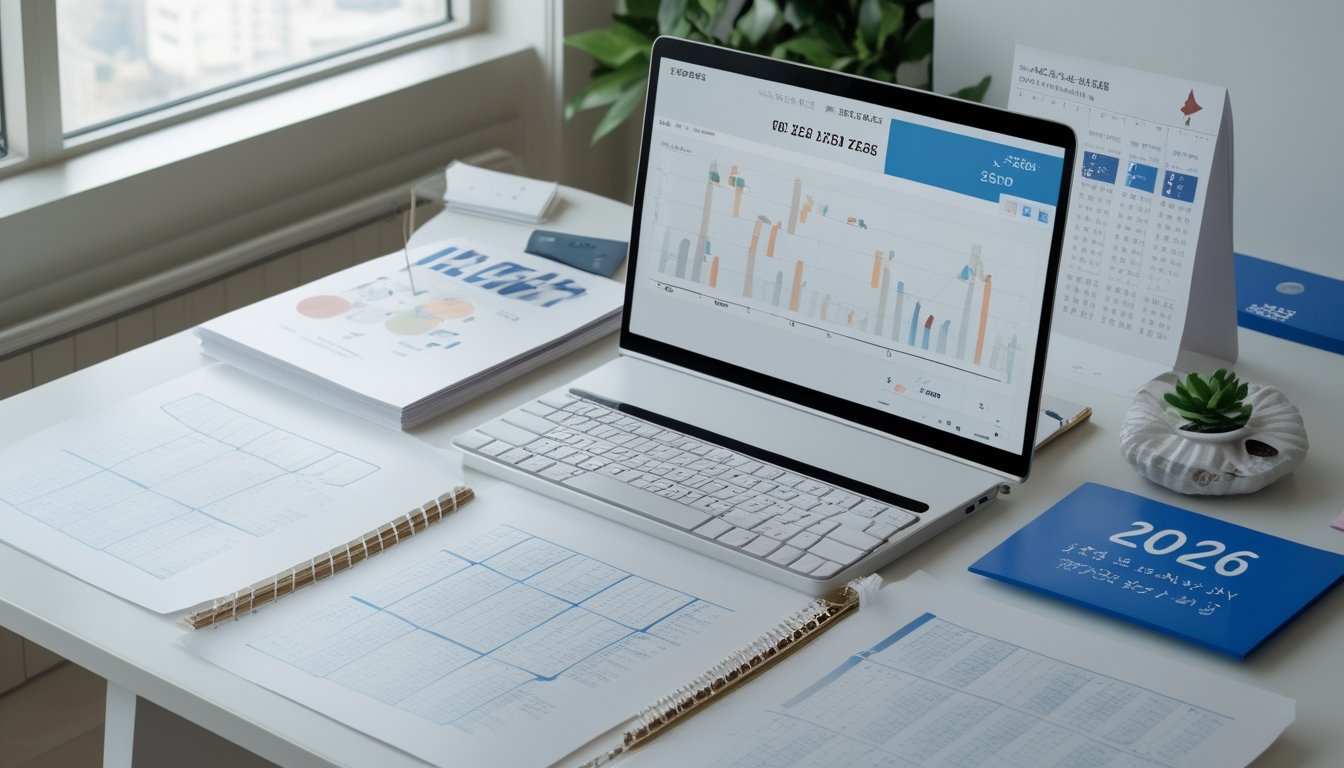 Meja kerja dengan laptop, lembar spreadsheet, grafik abstrak, dan kalender awal tahun dalam suasana kantor modern.