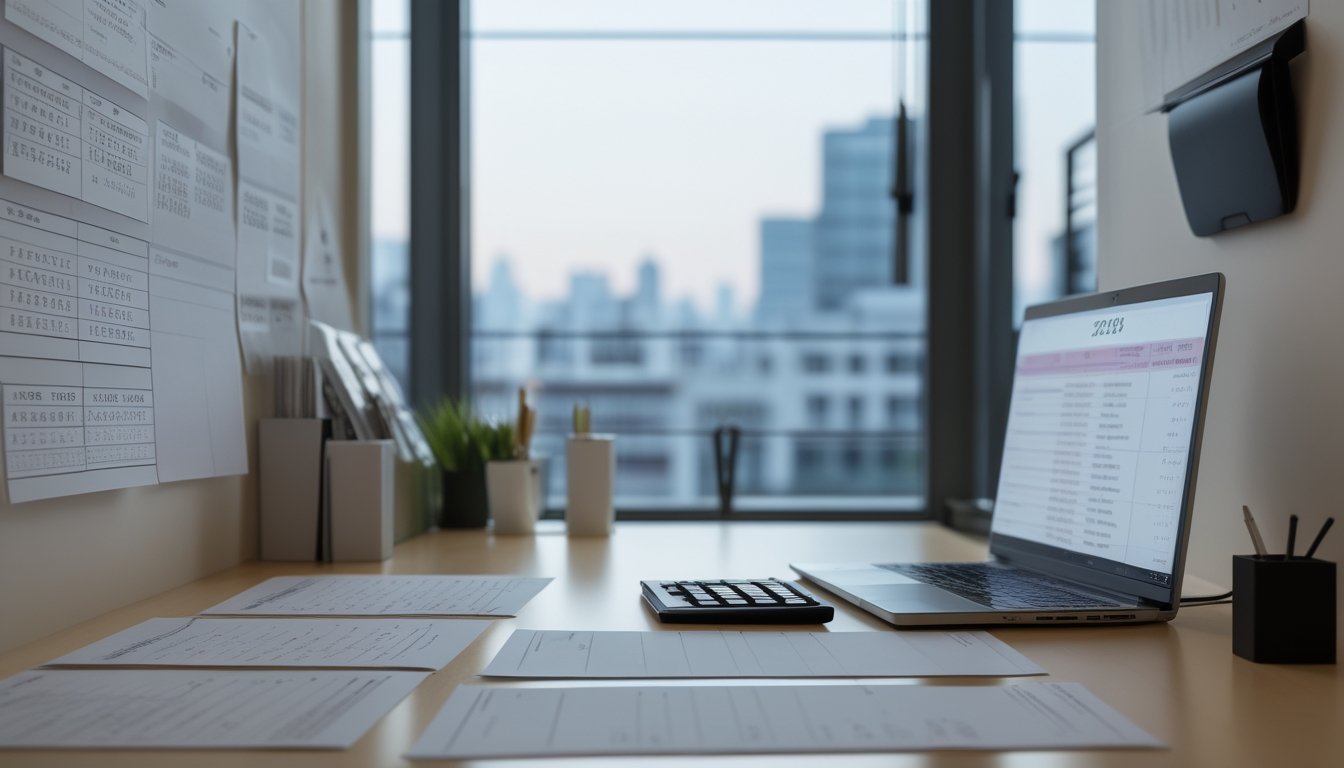Meja kerja modern dengan laptop, lembar data kosong, kalkulator, dan kalender dalam suasana kantor yang rapi.