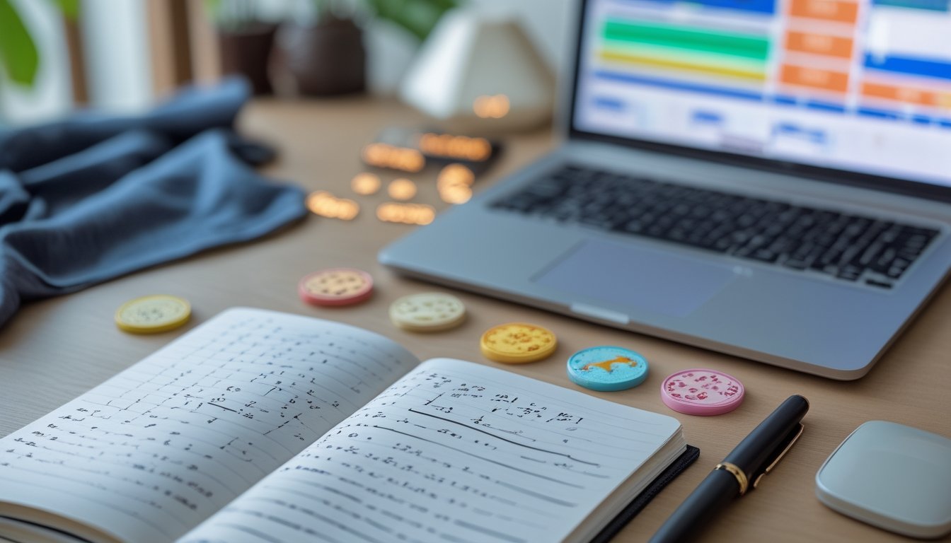 Meja belajar modern dengan catatan pola angka abstrak, simbol zodiak, kalkulator, dan laptop berisi grafik buram.