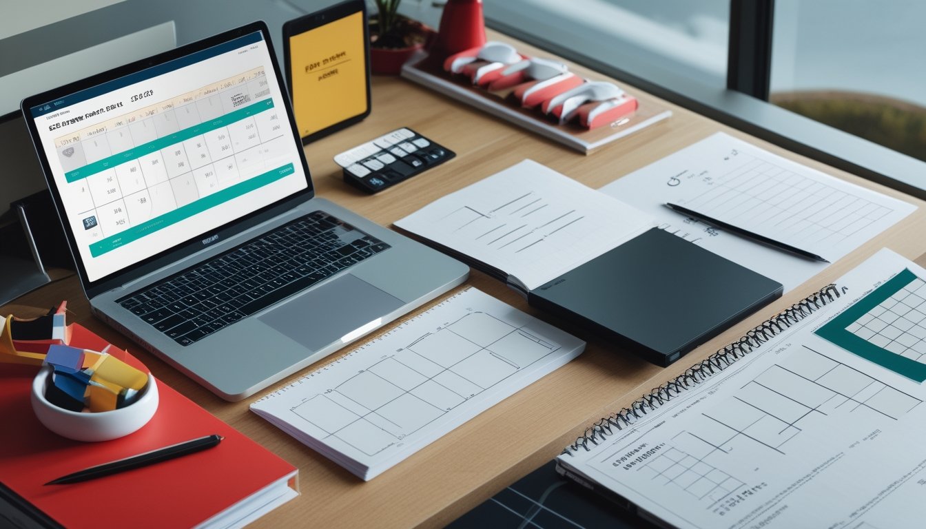 Meja kerja modern dengan laptop, kalender, buku catatan, kalkulator, dan grafik abstrak.