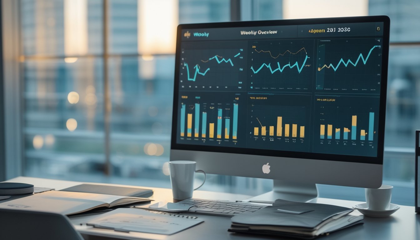 Ruang kerja modern dengan monitor menampilkan grafik analisis mingguan dan pemandangan kota Jepang yang samar di latar belakang.