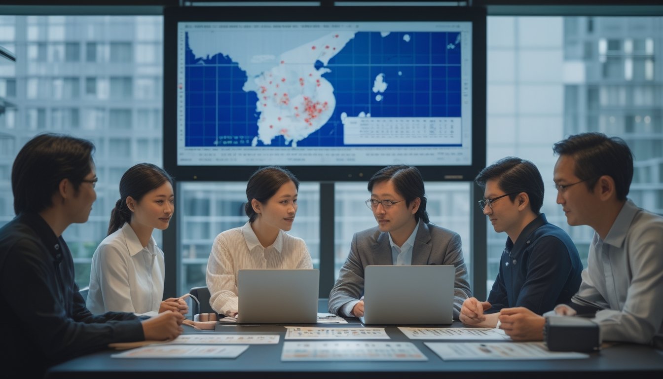 Sekelompok orang dewasa Asia menganalisis grafik dan perangkat digital dalam suasana modern dengan latar kota Jepang.