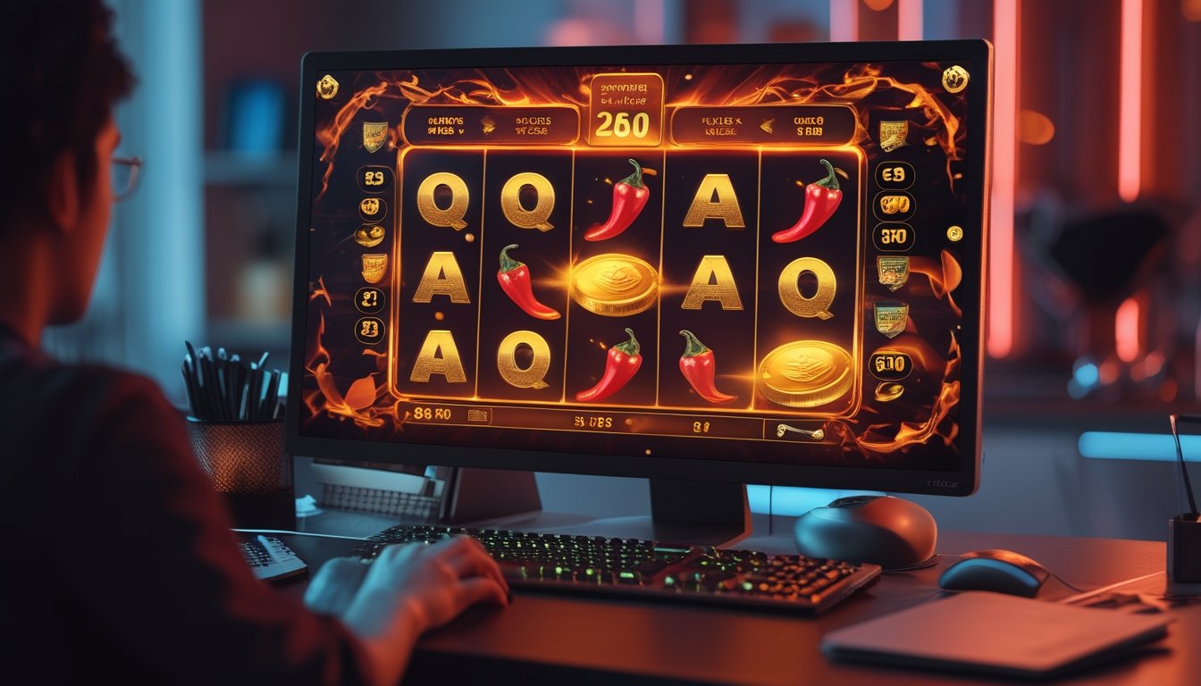 Tampilan permainan slot bertema cabai dengan fitur putaran gratis di monitor, disertai tangan pemain dan perlengkapan perencanaan di meja.
