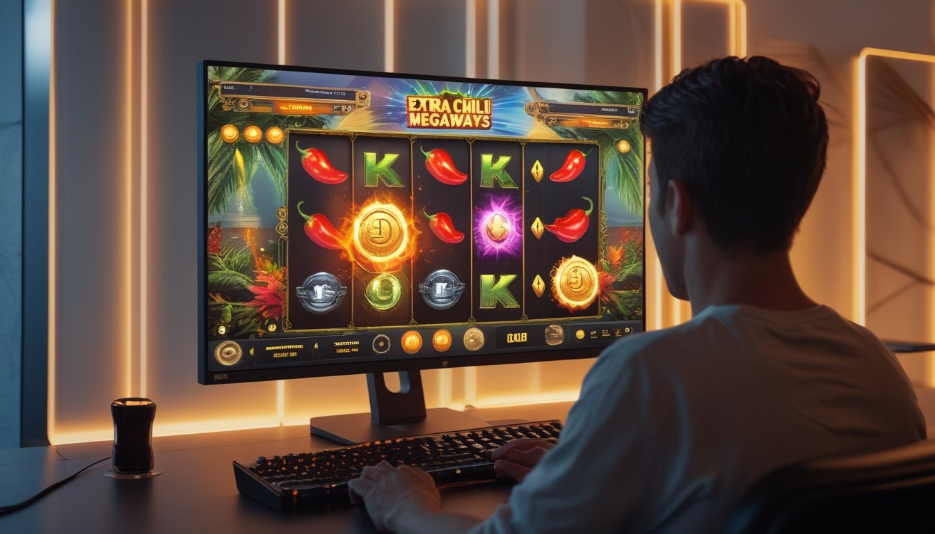 Pemain dewasa mengamati permainan slot bertema tropis dengan efek putaran gratis dan pengganda di monitor.