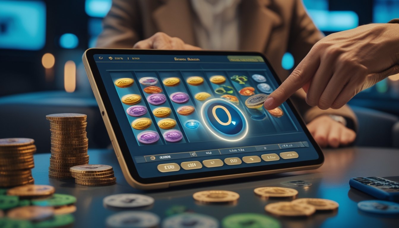Tangan seseorang menganalisis permainan slot digital di tablet dengan chip kasino dan kalkulator di sampingnya.
